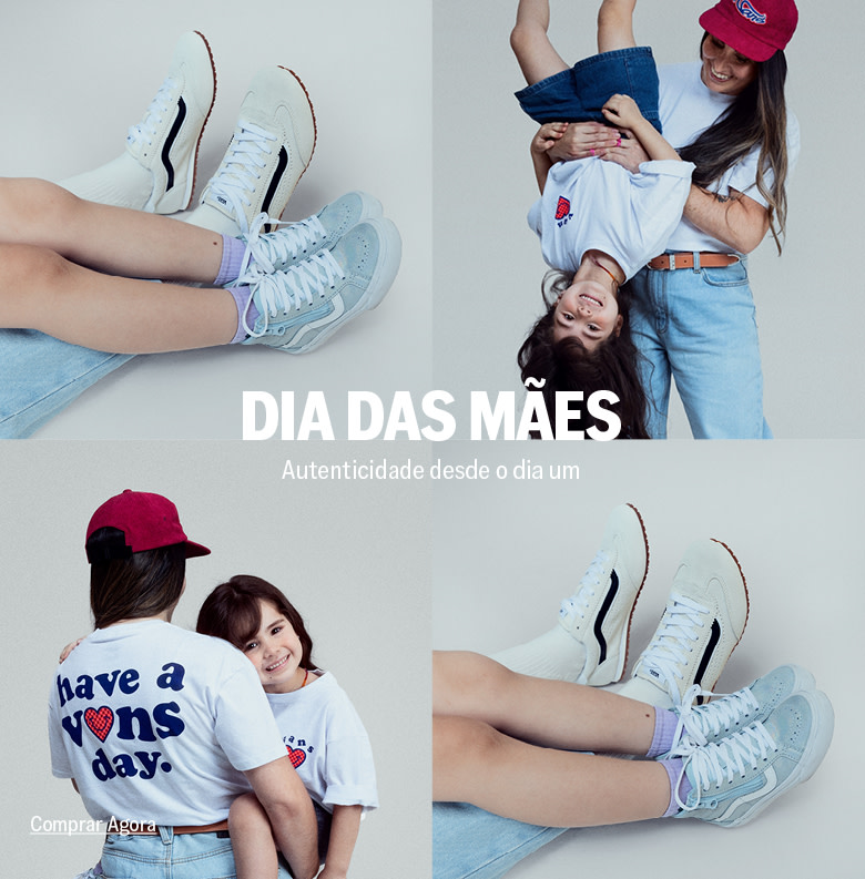 Mãe usando tênis super lowpro bege e filha usando sk8-hi holográfico